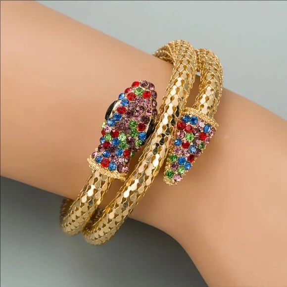 Multicolor Crystal Snake Bracelet Silver Wrap Snake Bangle: Vintage Bracelet With Rainbow  main image 3